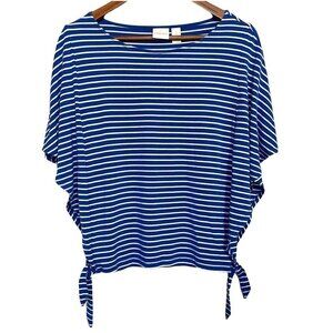 Chico's Women's Blue White Stripe Short Flutter Sleeve Tie Side Blouse Medium